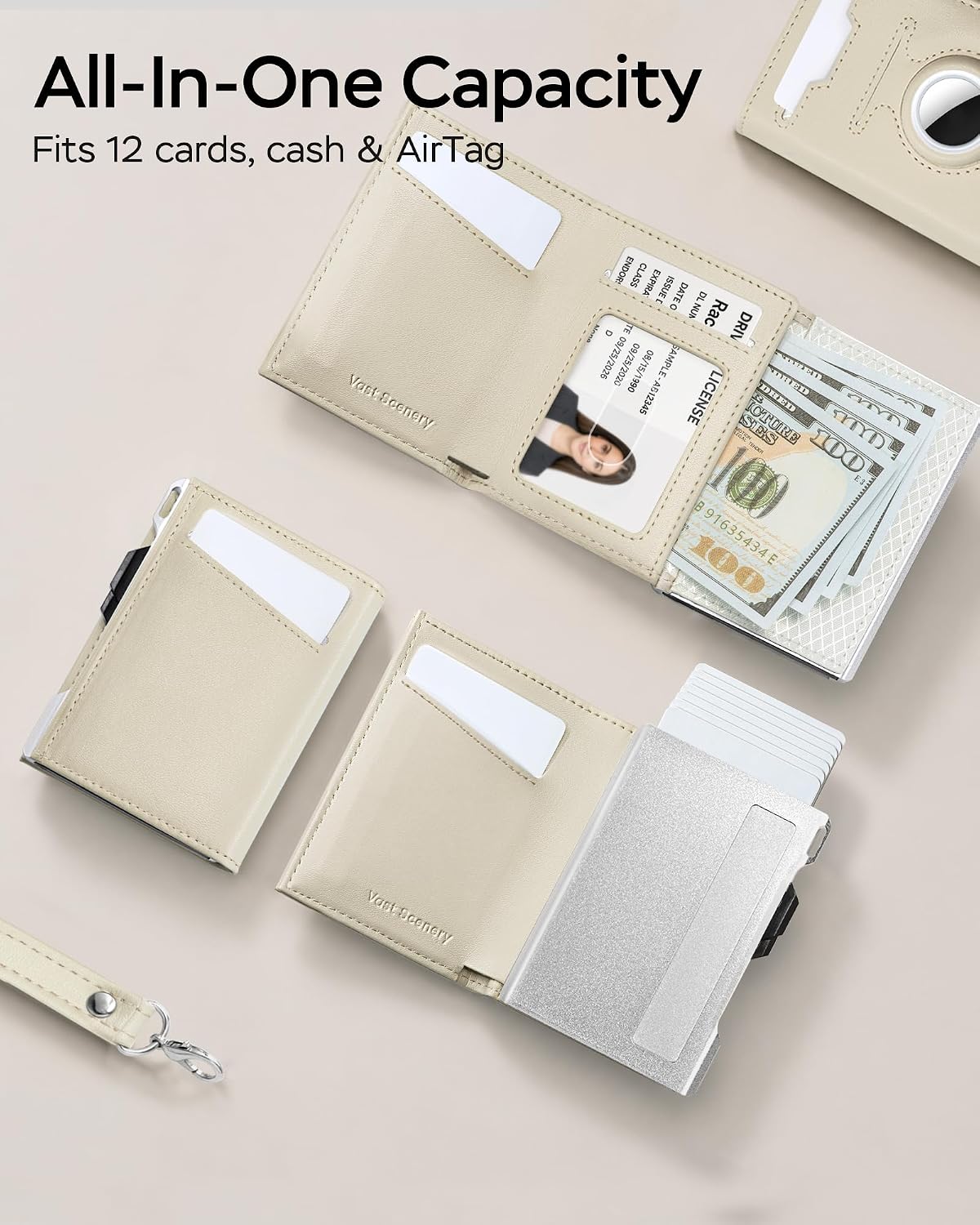 RFID Wallet for Women with AirTag Holder, Pop Up Card Holder, Slim Trifold