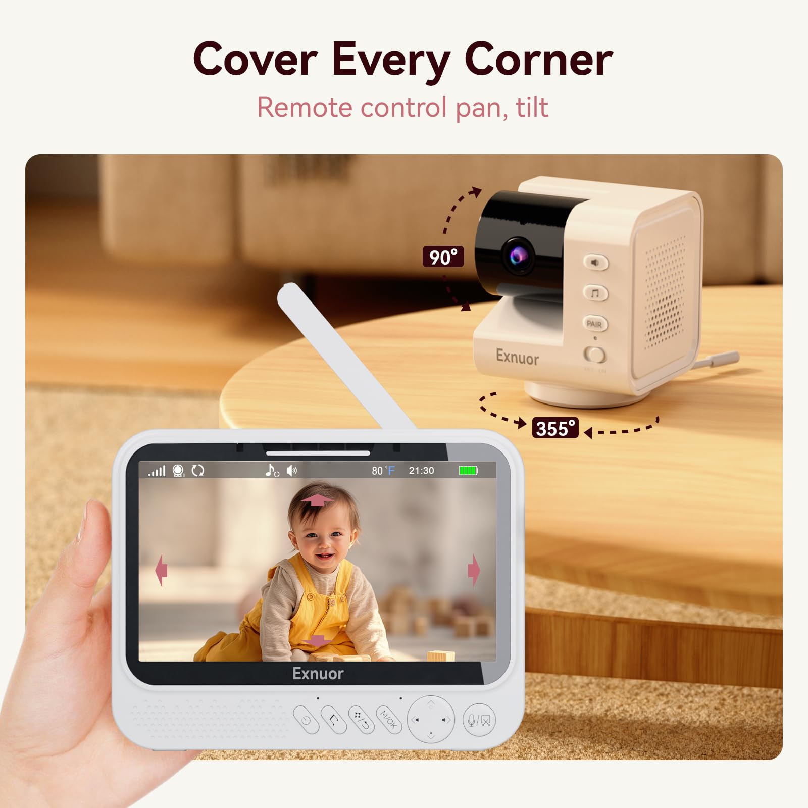 Monitor de bebé con cámara y audio, pantalla de 7 pulgadas, monitor de video para bebé sin WiFi, zoom remoto panorámico, sensor de temperatura, 8 canciones de cuna, VOX, visión nocturna, conversación