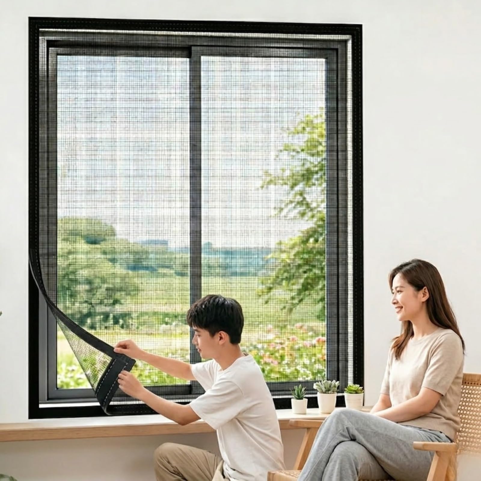 Fiberglass Mesh Insect Screen, Washable Cat Scratch Resistant Self-Adhesive Screen, No Drill Installation Reusable Mosquito Net for Bedroom Kitchen Caravan Temporary(Black,100x120cm)