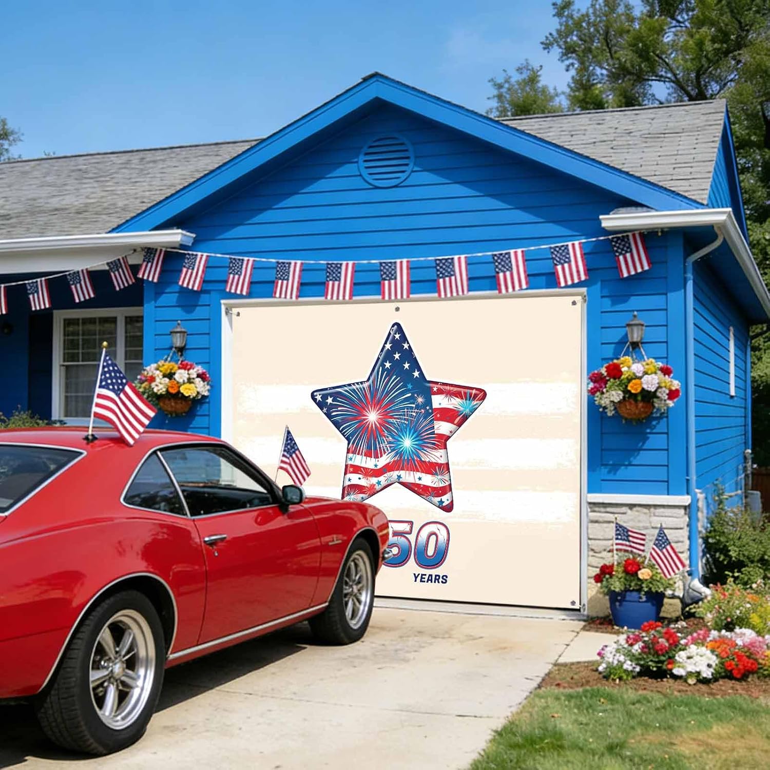 American Flag 250 Year Anniversary Garage Door Banner Cover, Hanging Garage Door Decorations, USA Star Beige Striped Holiday Garage Door Covers Backdrop for Party Indoor Outdoor Wall Decor 7x8Ft