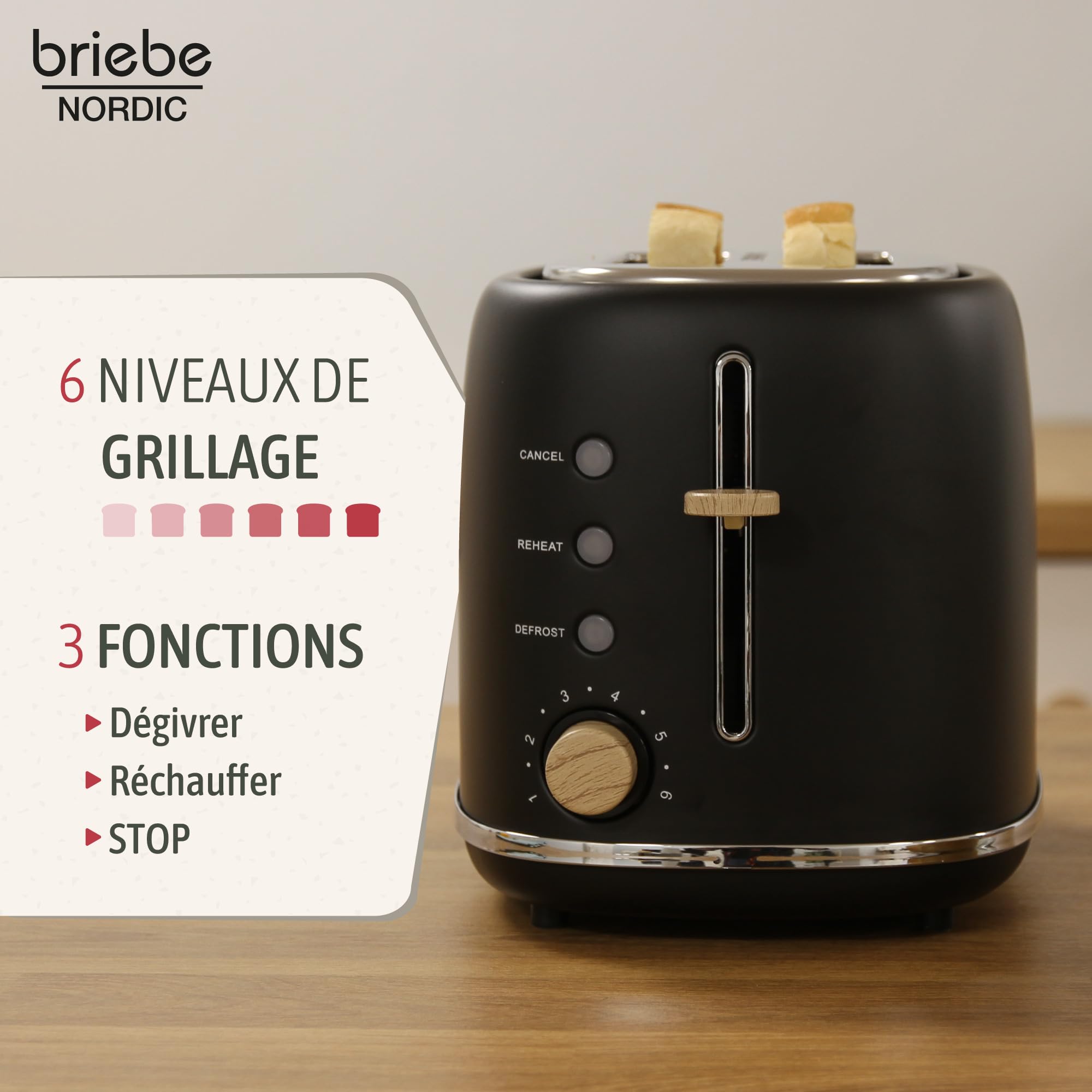 briebe Nordic Ensemble Grille Pain 2 Fentes Tranches Larges, 6 Niveaux de Dorage + Bouilloire Électrique 1,7 L sans Fil, 2200 W, sans BPA, Pack Petit Déjeuner Électroménager, Design Nordique, Noir