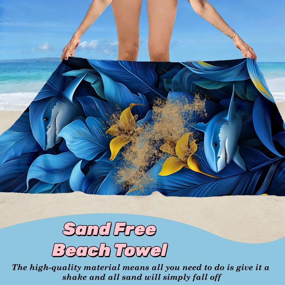 Toalla Playa 100x220 cm, Toalla Gimnasio Microfibra Secado Rapido, Juego de 2 Antiarena Toallas de Playa, Ligera Compacta Toallas Microfibra Grande para Viaje, Regalo Hombre Mujer (Tiburón) -5093