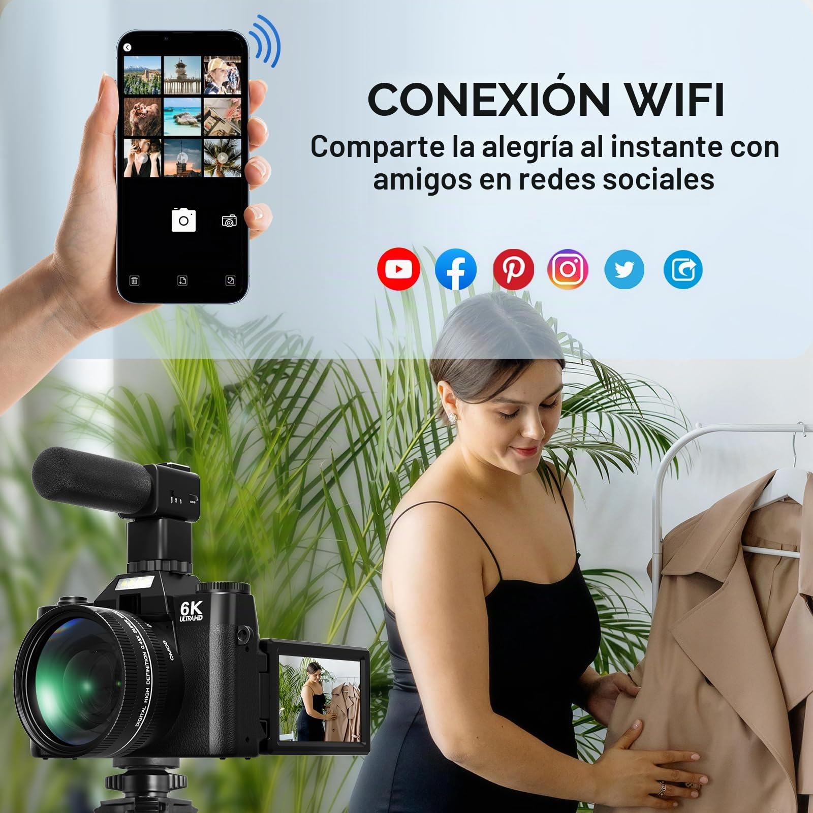 Camara Digital 6K 64MP para Vlogging con WiFi, Tarjeta TF de 64 GB, Micrófono, Enfoque Automático, Zoom 16X. Camara de Fotos Digital Compacta para YouTube, Principiantes, Objetivo Macro y Gran Angular