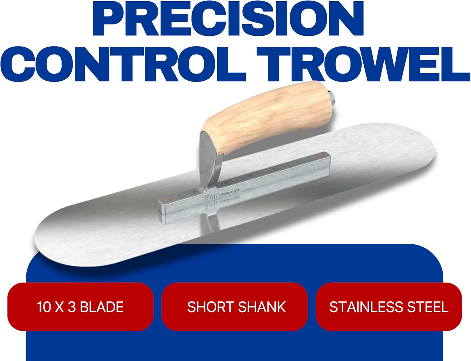 Razor Stainless Steel Pool Trowel – 10" x 3" – Camel Back Wood Handle | Premium Ground, Short Shank, Professional Grade