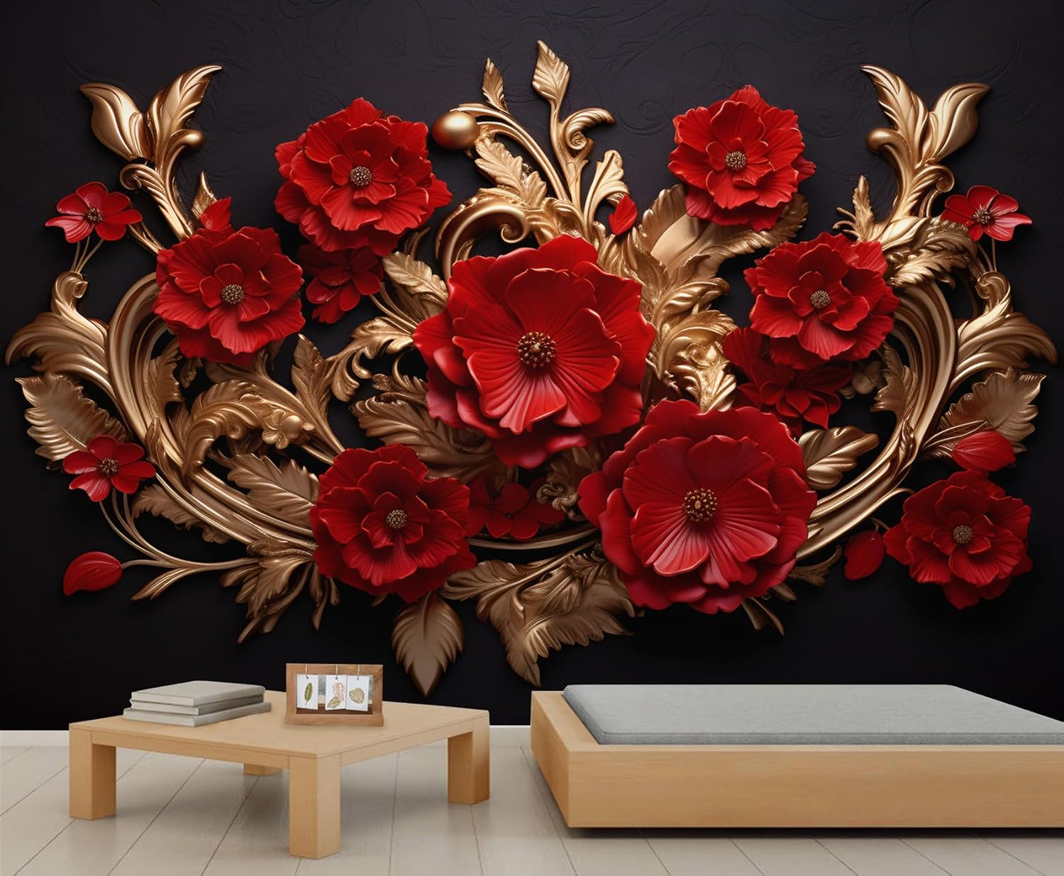 Embossed Flowers Wallpaper, 3D Floral Wall Paper Murals, Luxury Petals Wall Paper for Living Room, Red Flowers Removable Wallpaper for Renter, Woman Flower Large Mural & Girls Room Decor