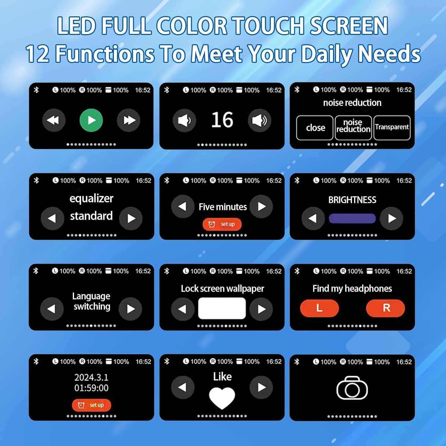 Smart Touchscreen Wireless Bluetooth 5.3 Headset, Super Smart Noise Canceling Earbuds, in-Ear Earbuds with Ear Caps, IPX56 Water Resistant, for iOS/Android, Sports, Business