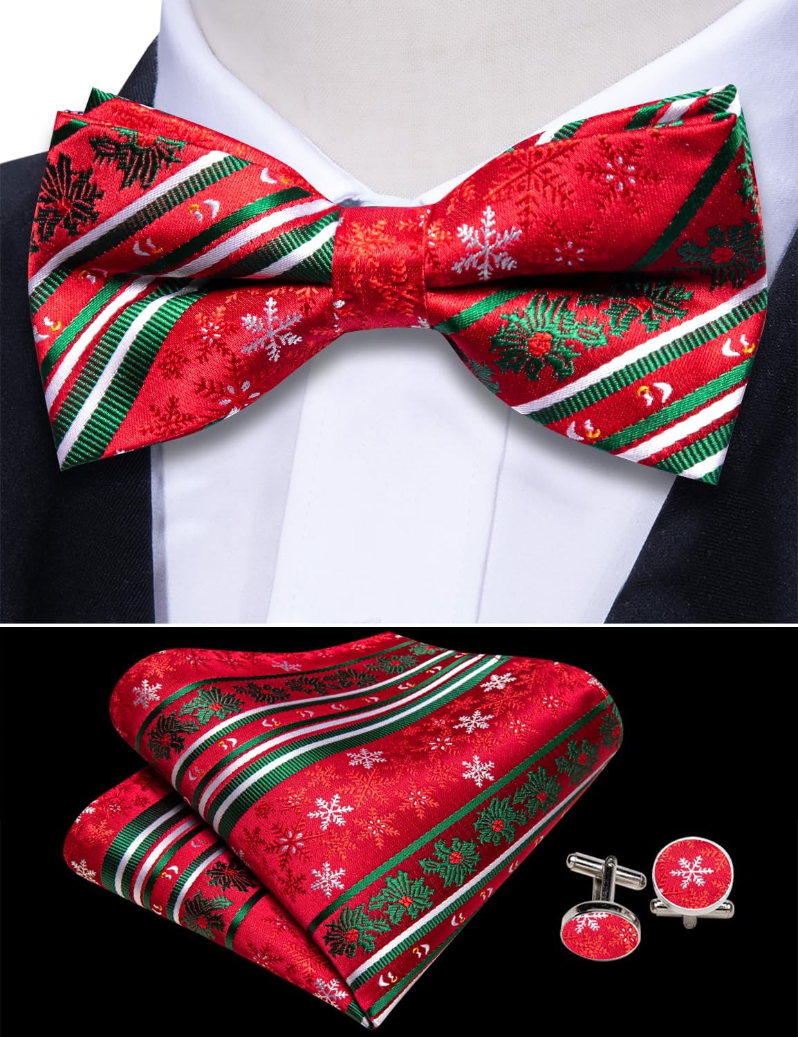 YOHOWA Men Christmas Cummerbund Bow Tie Set Pre-Tied Bowties Pocket Square Cufflinks Formal Party Texdo Xmas Vacation Holiday