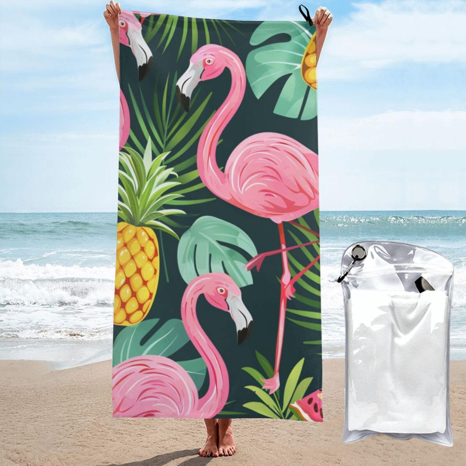 kkvhhyuo Microfiber Beach Towel, Flamingo Printed Lightweight Quick Dry Travel Bath Sheet with Compact Carry Bag for Swimming Yoga Camping Gym,31.5"x63"