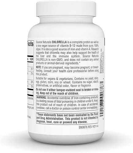 Miniatura 3 de Source Naturals Chlorella 500 mg Superalimento Verde, Tabletas B12-200 a base de plantas