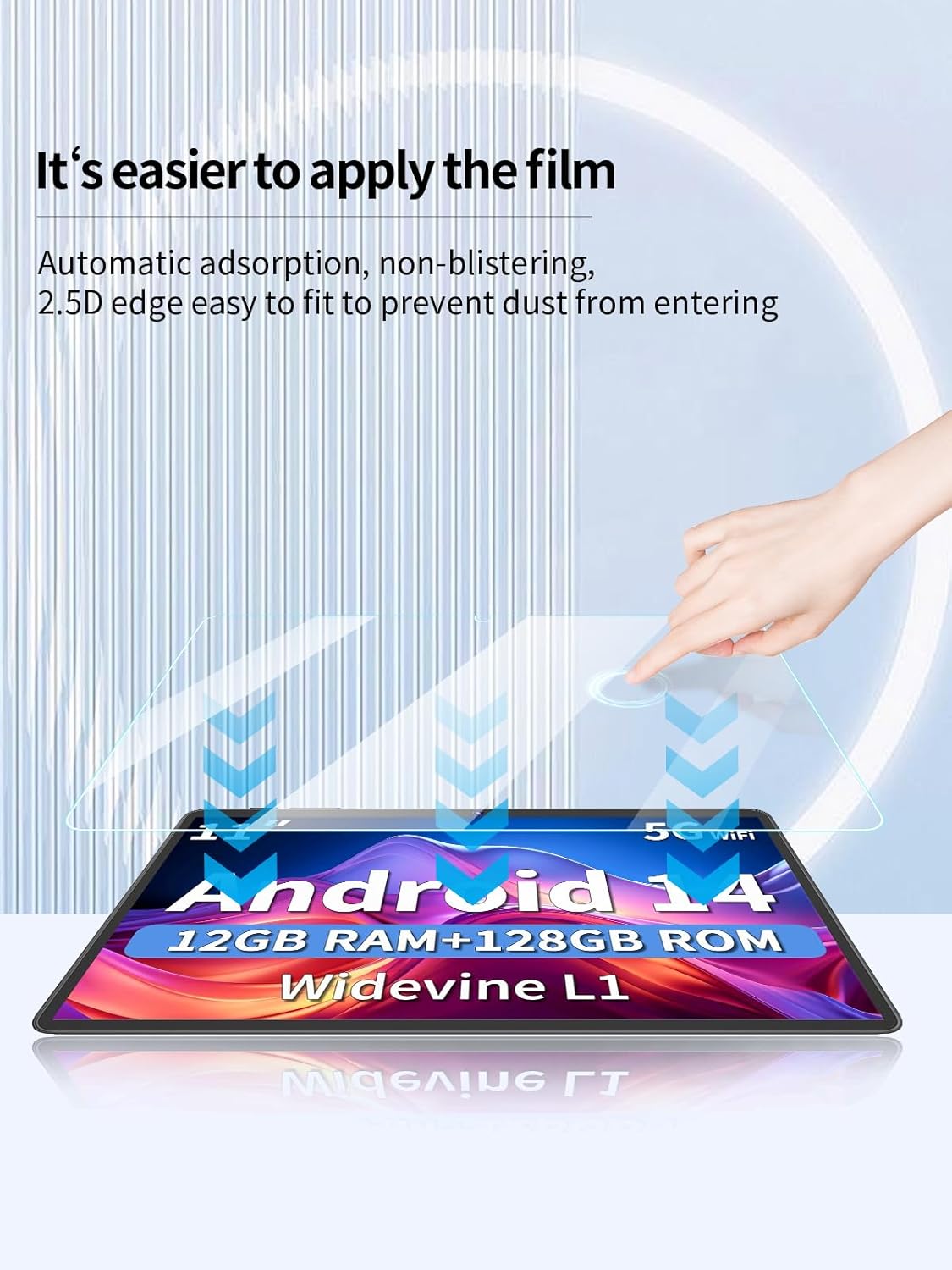 Diagram showing the automatic adsorption process of the screen protector onto a tablet, with arrows indicating the self-adhering action and 2.5D edge fitting.