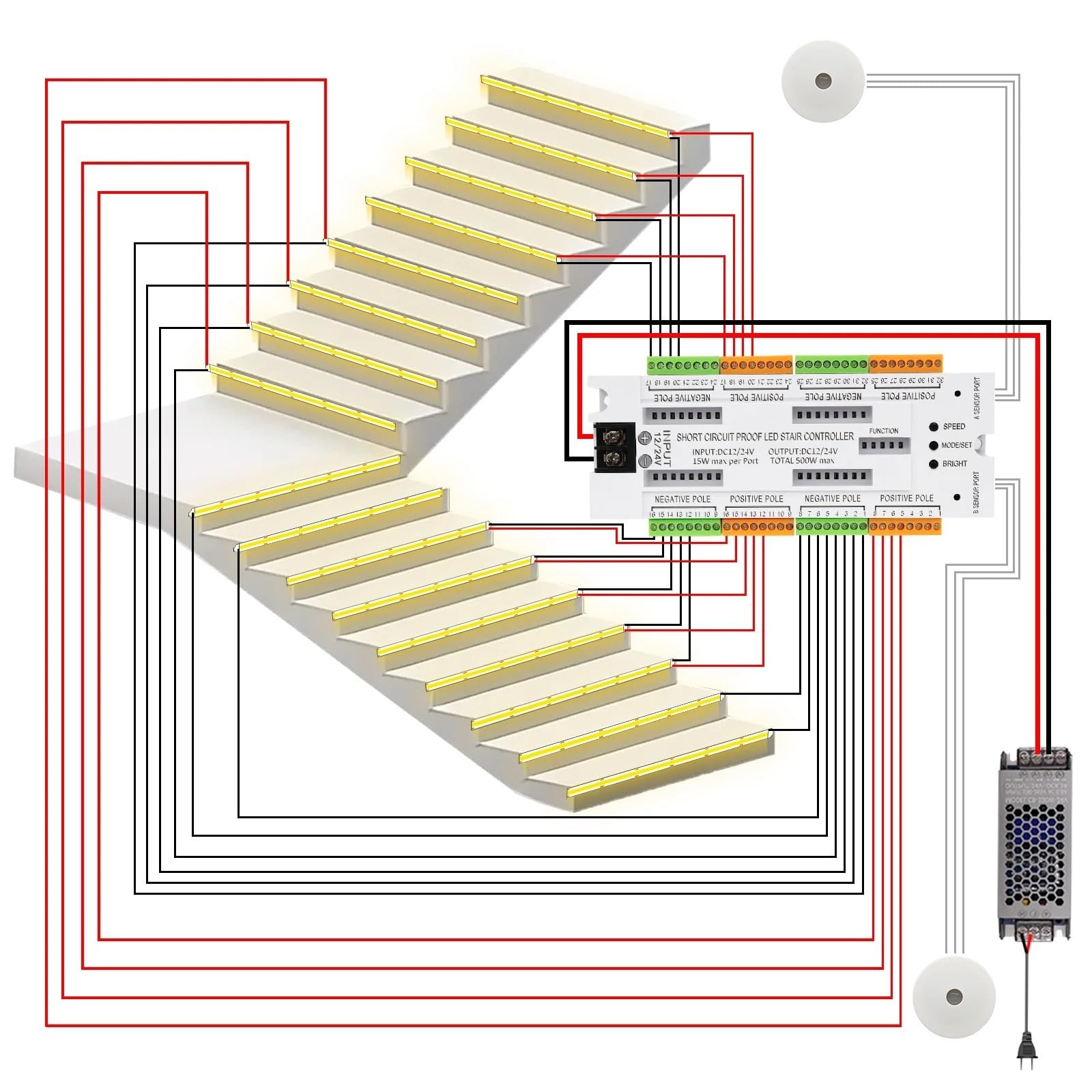 Controlador inteligente de Sensor movimiento PIR iluminación LED for escaleras interiores, luces paso, 32 escalones, tira COB alto brillo DIY(400W Power Supply)