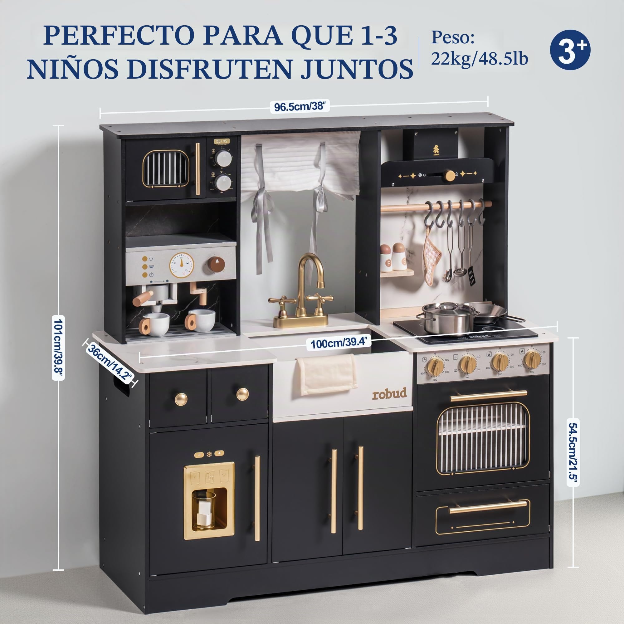 ROBUD Juego de Cocina de Madera para niños – Cocina Moderna Grande de Juguete en Negro con Nevera, cafetera, máquina de Hielo y más, para niños a Partir de 3 años