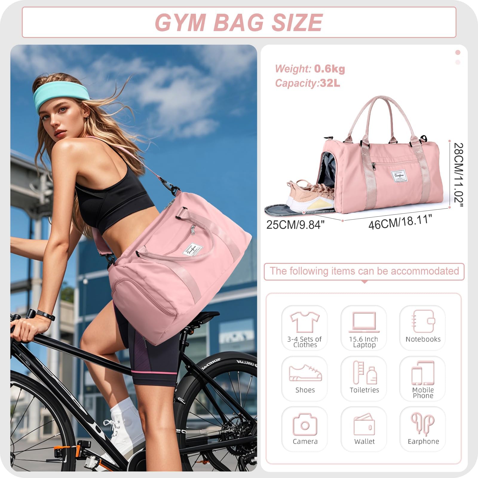 HYC00 Borsone Palestra Donna Uomo Borsa Sportiva con Scomparto Scarpe Borsone da Viaggio Sports Gym Bag Grande Borse da Palestra Piscina Donna Fitness Weekend Duffel Bag Borsa per Ospedale,Rosa