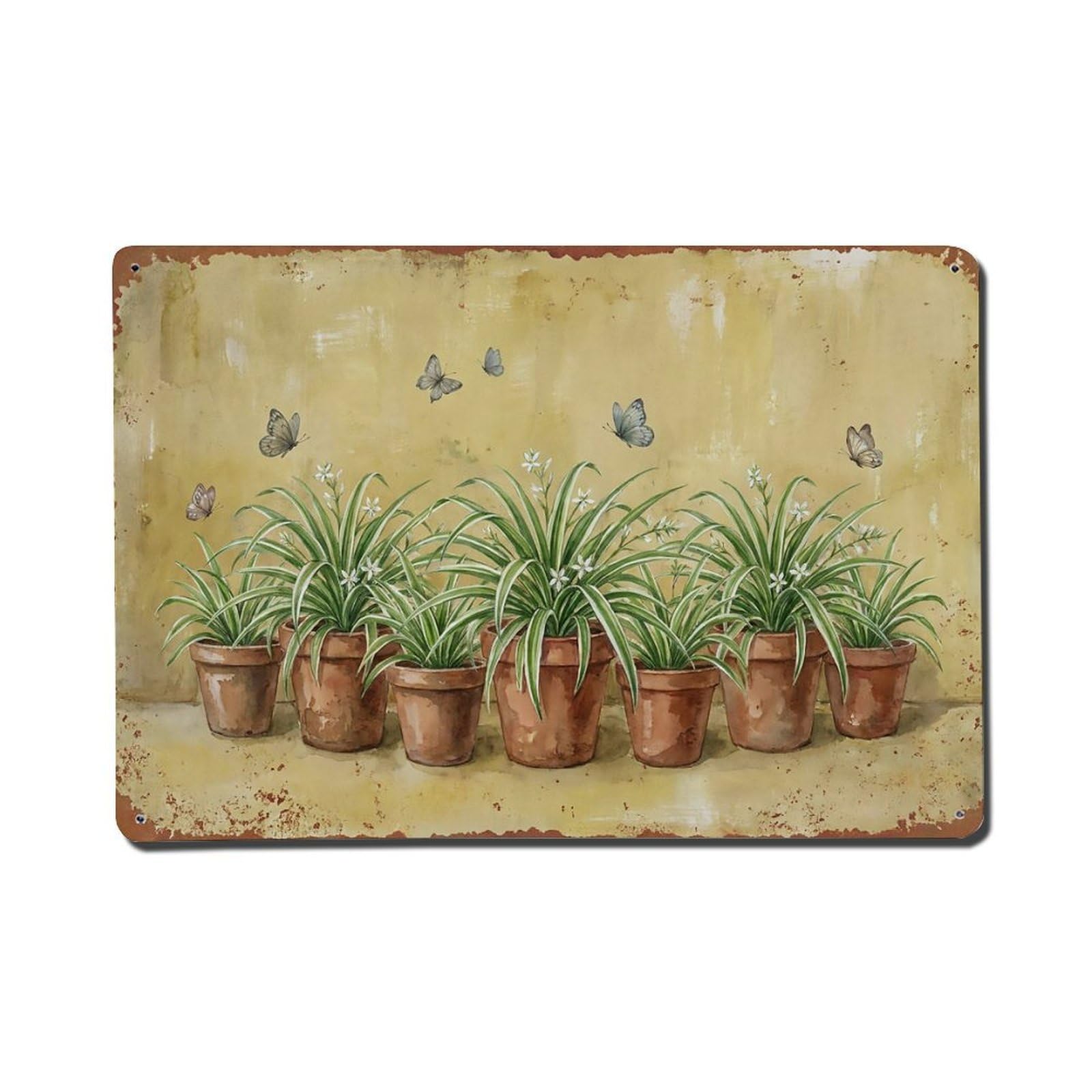 Vintage Rustic Flower Potted Plants Spider Plant Metal Tin Sign