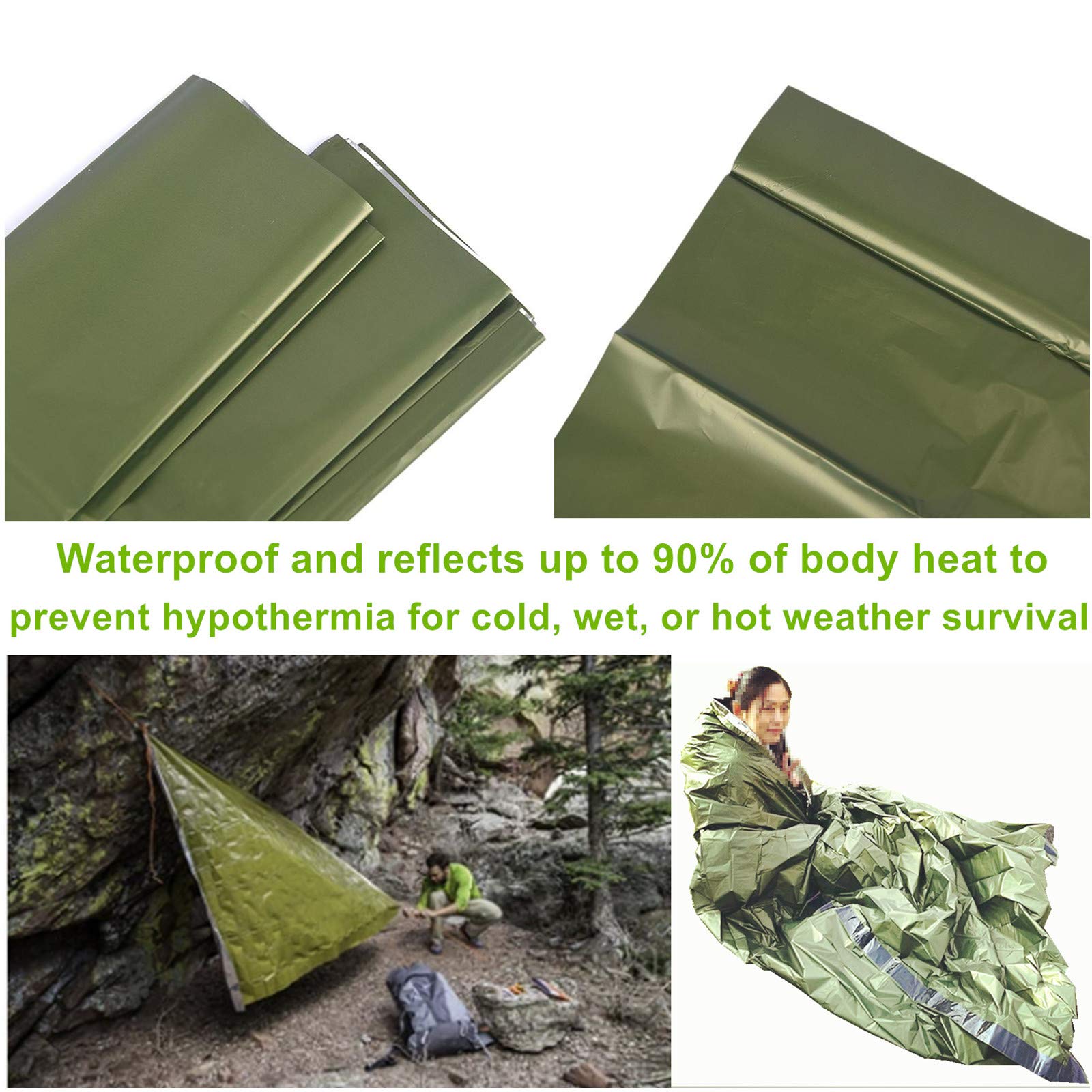 Emergency Shelter Sets, Survival Shelter 1 Survival Tent 1 Mylar Blankets 1 Emergency Sleeping Bag 1 Poncho for Outdoor Carcar Kits, Camping, Hiking (Green)