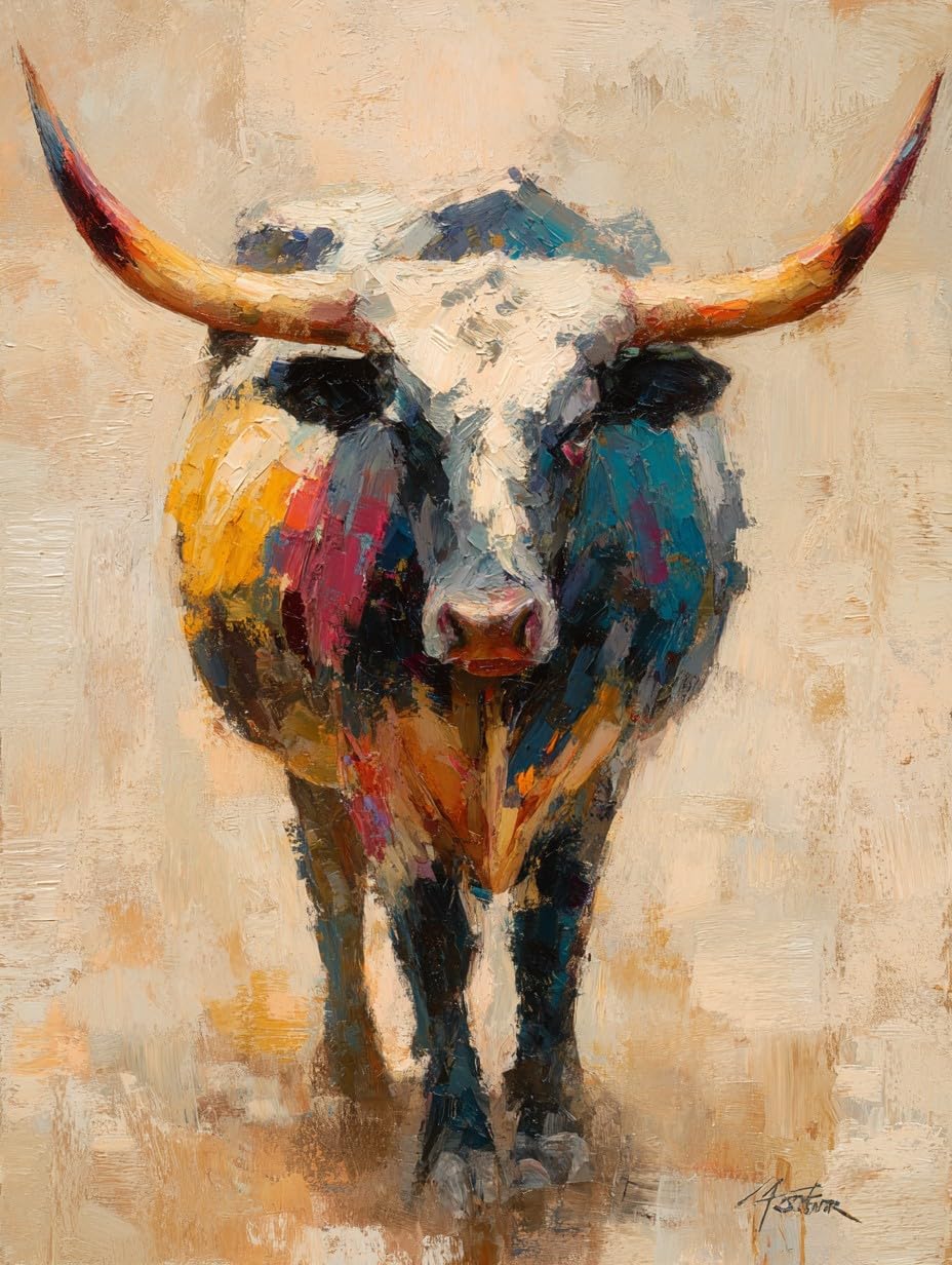 WANGWANGMIAO Paint by Number for Adults Colorful Bull,Painting by Numbers Kits for Beginners,Colorful Oil Paints Craft Art for Home Wall Decor Gift 20X16Inch，Without Frame