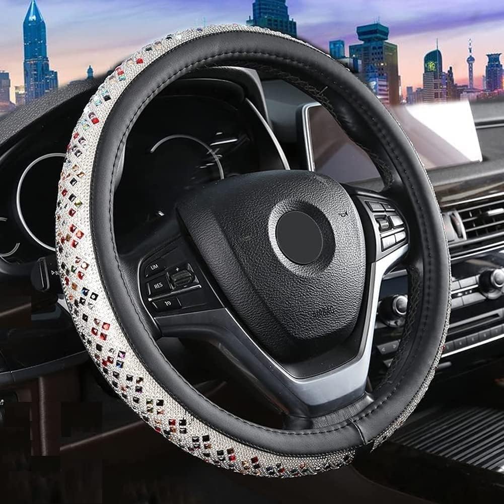 New Crystal Rhinestones Steering Wheel Cover for Women Girls Bling Diamond Leather Car Accessories Universal 15 Inch Wheel Protector(Colourful)