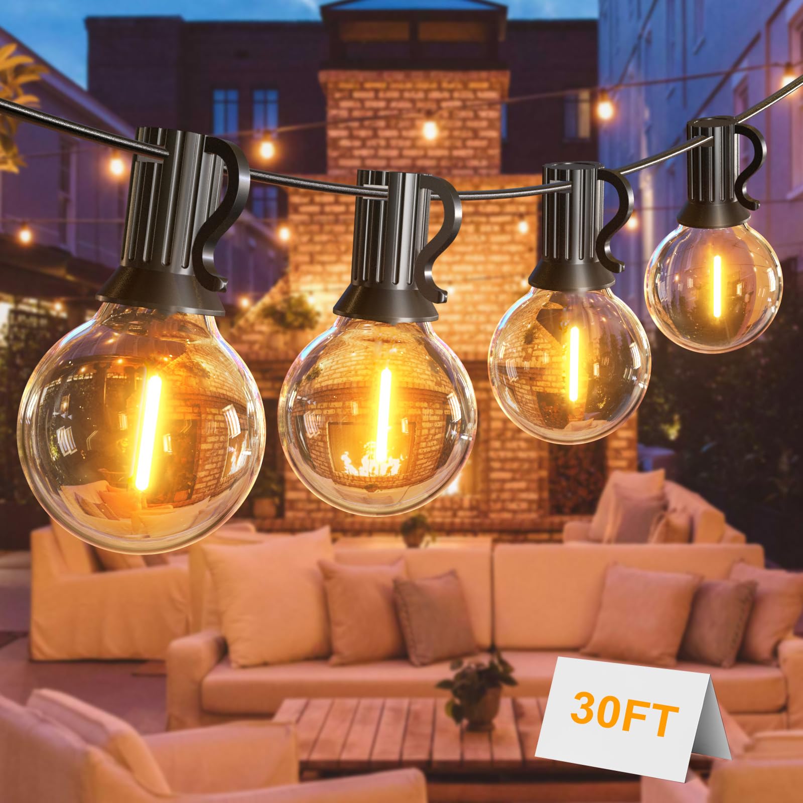 Toipwen Lichterkette Außen, 9M Outdoor Lichterkette mit 15+1 Stück warmweiße G40 Glühbirnen Plastik, IP45 Wasserdicht außen & innen lichterketten für Partys, Hochzeiten, Terrasse und Garten