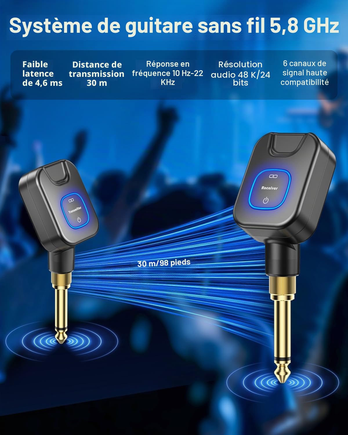 Système de Guitare Sans Fil 5.8GHz, 6 Canaux, Récepteur Émetteur Rechargeable 2 Types de Prises pour Batterie, Clavier Numérique, Violon Électrique, Guitare, Basse