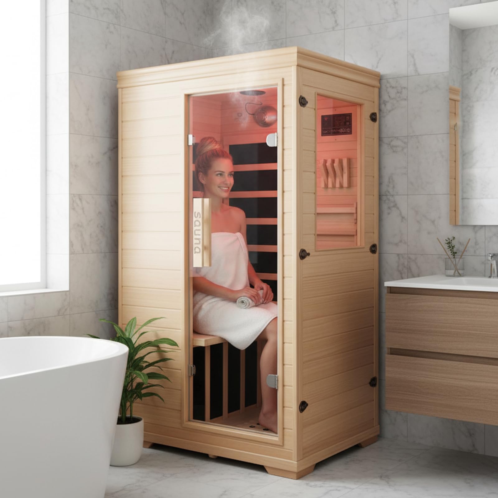 Far Infrared Sauna for 1 Person - 1050W Fast Heating, Canadian Hemlock Wood Home Sauna with Bluetooth Speaker, Chromotherapy & Oxygen Ionizer Easy Assembly Indoor Sauna for Relaxation, Detox, Home Gym