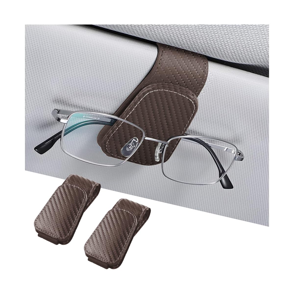 AICEL 2PCS Sunglasses Holders for Car Sun Visor, Carbon Fiber, Coffee