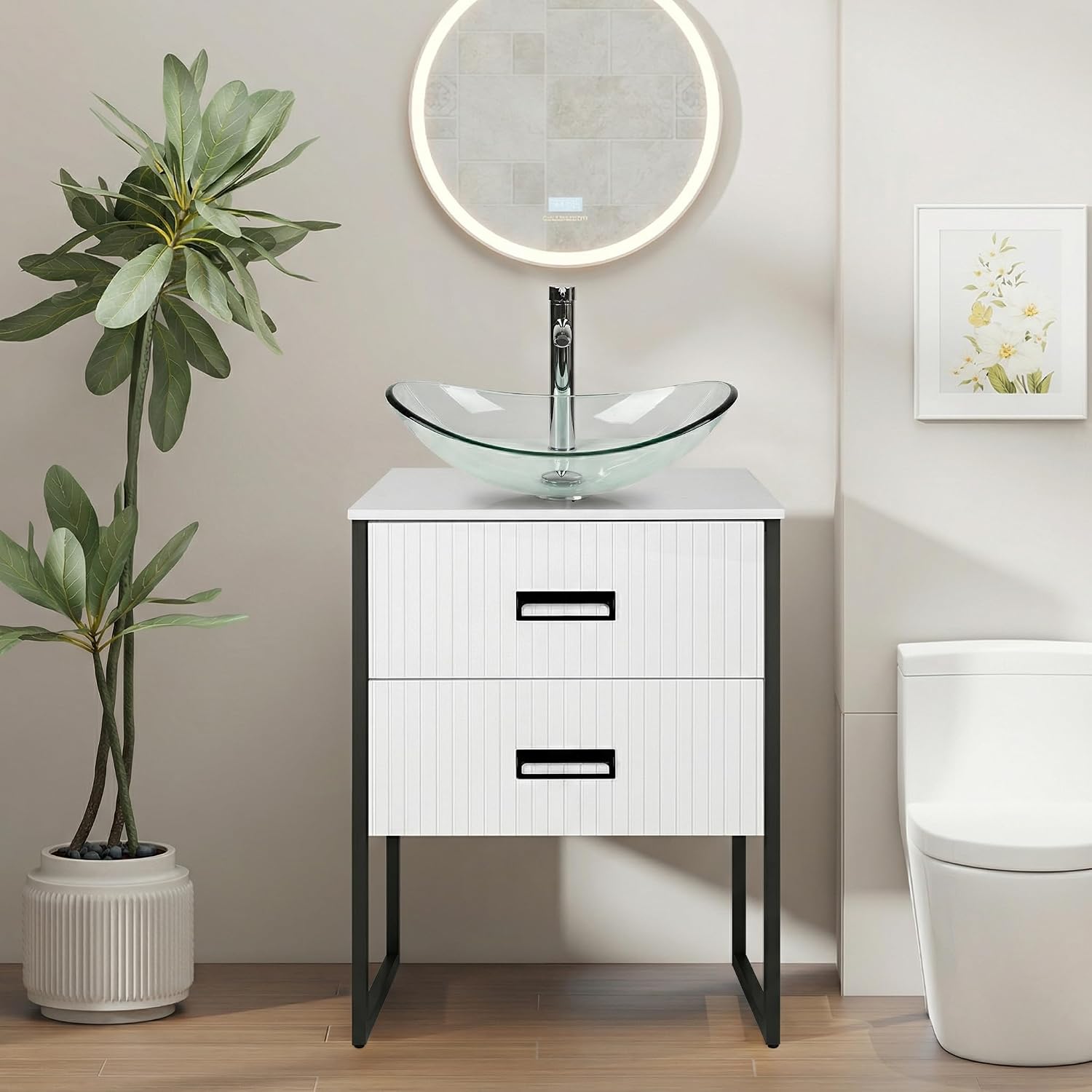 24inch Bathroom Vanity with Sink, Modern Striped Bathroom Cabinet Vanity with White Ceramic Sink