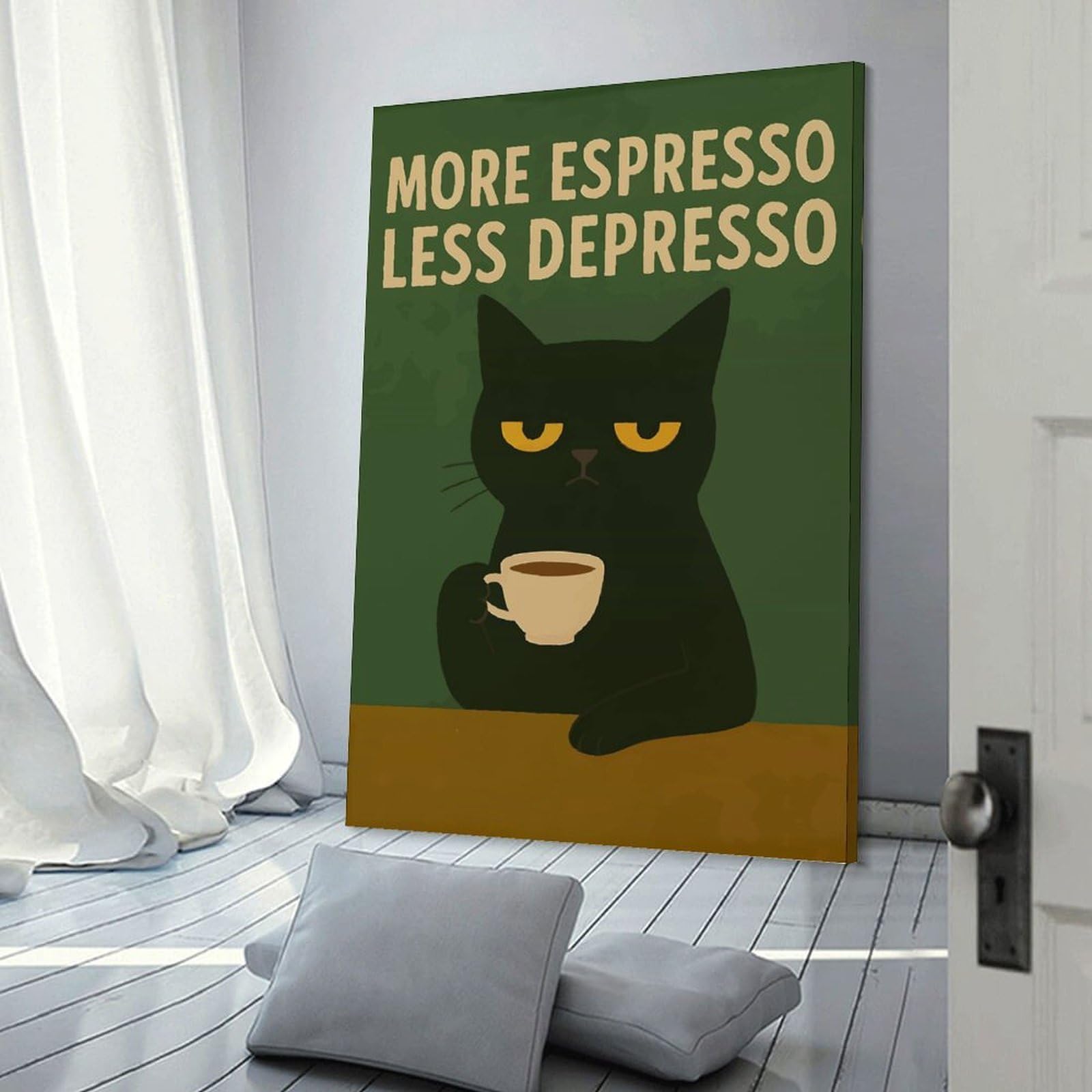 Junmoney Wall Decor Canvas Print More Espresso Less Depresso Cat, 24x36inch(60x90cm), for Study, Office Or Apartment Decor, Canvas Artwork with Gifting Potential