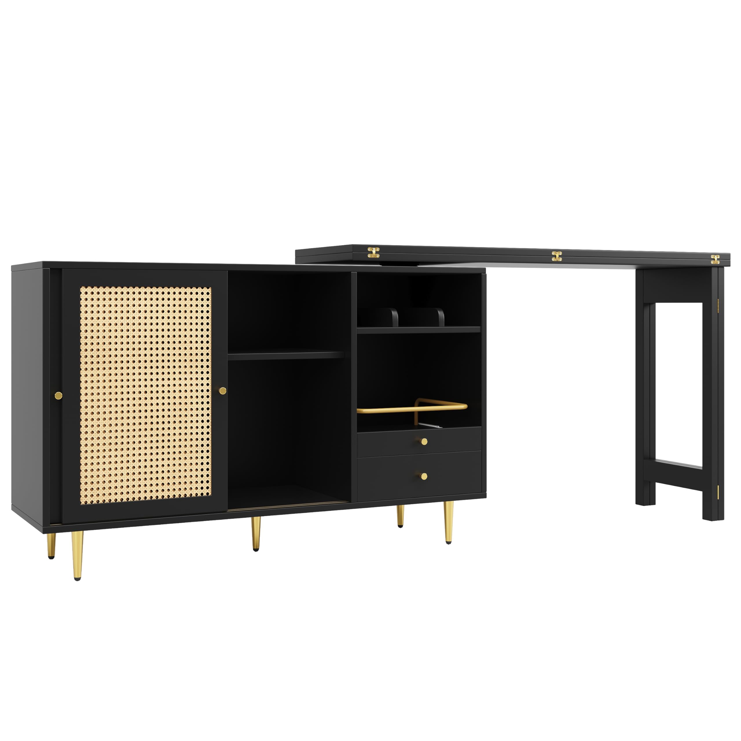 Moimhear Barra giratoria de 360° (cuerpo principal: 107 x 40 x 71,4 cm), barra de diseño retráctil, armario de almacenamiento con puerta de ratán + estante de almacenamiento abierto, adecuado para