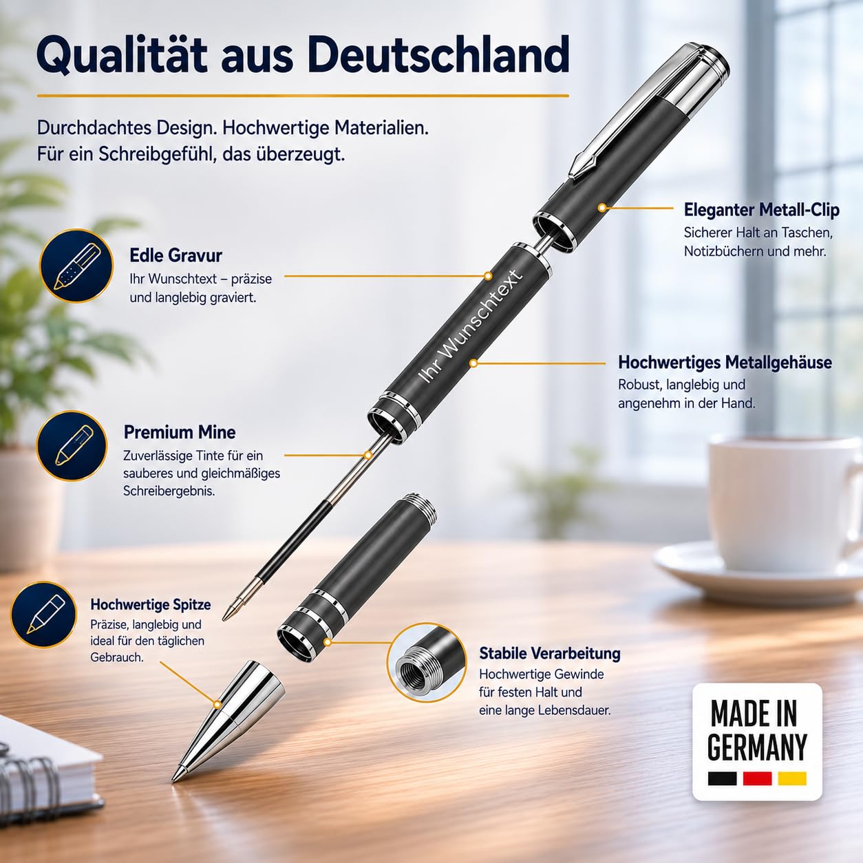 Kugelschreiber personalisiert mit Gravur – hochwertiger Metall Kuli mit Namen – blaue Tinte – eleganter personalisierter Kugelschreiber als Werbegeschenk, Set oder Einzelstück (100, Grau)