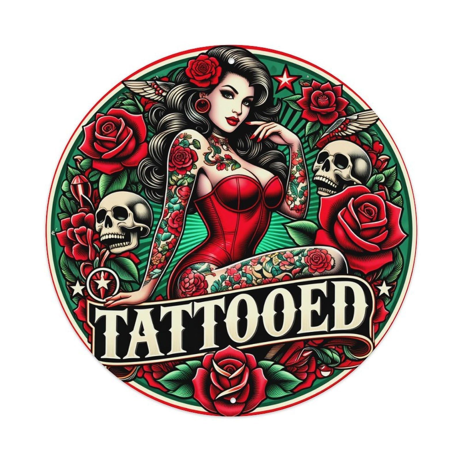 Tattooed Woman With Roses And Skulls Round Tin Sign Retro Metal Sign for Cafe Bar Pub Home Game Room Gym Club Wall Decoration Vintage Metal Poster 8x8 Inch