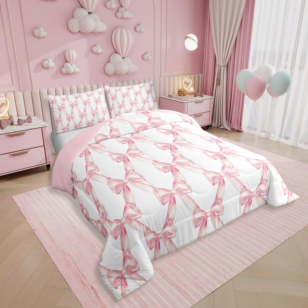 Erosebridal Ribbon Bow Bedding Set for Kids Girls Teen Women,Pink Girly Bowknot Bedding Comforter Sets King Cute Fantasy Princess Comforter Set Kawaii