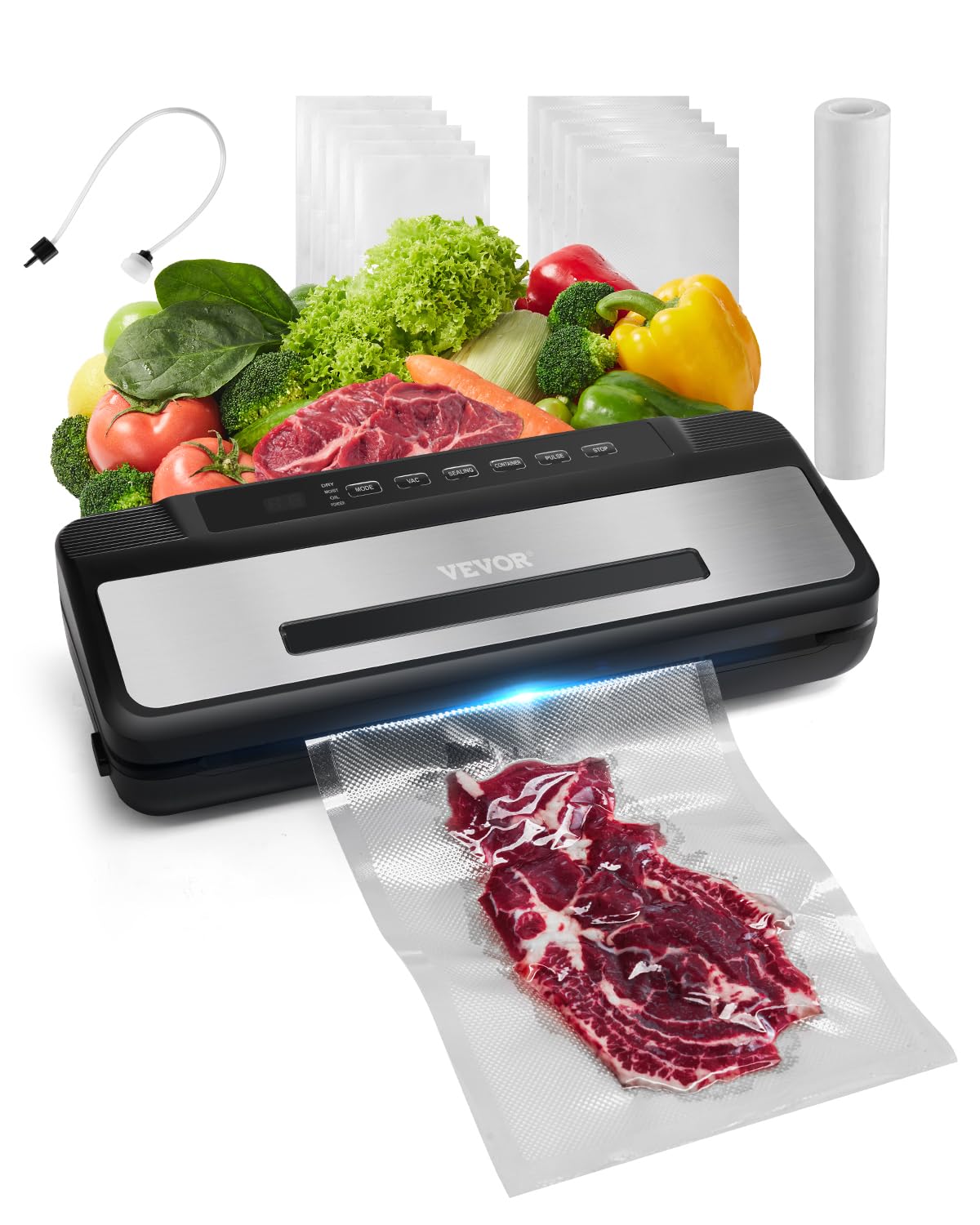 VEVOR Vacuum Sealer Machine, 80Kpa 120W Powerful Compact Food Sealer, 7-in-1 Multi-Functional Food Vacuum Sealer, Automatic Air Sealing System with Built-in Cutter with 10 Vacuum Bags & 1 Ba