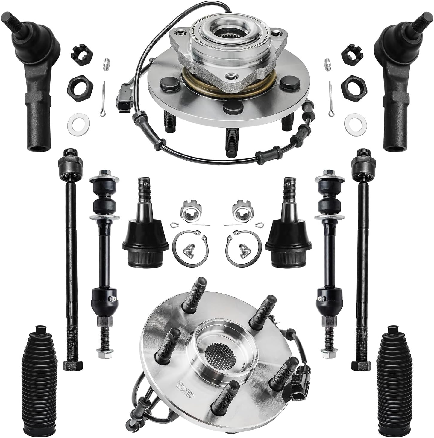 Detroit Axle - 12pc Suspension Kit for 2WD 2002-2005 Dodge Ram 1500 2003 2004, 2 Front Wheel Bearing Hubs 2 Lower Ball Joints 4 Inner & Outer Tie Rods 2 Sway Bar Links 2 Boots Replacement 5 Lug