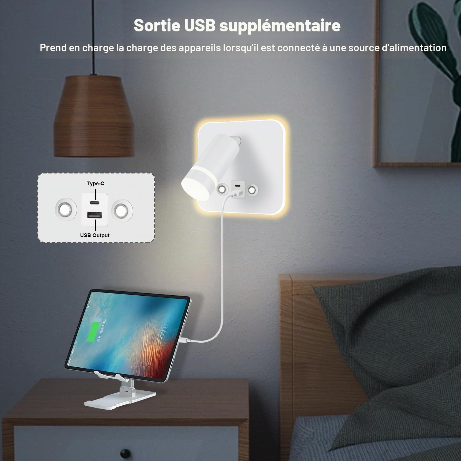 HUIZHOU Lampe de Lecture Murale LED Tactile, Carré Blanc | 3 Températures de Couleur, 12W, Port de Charge USB, Pivotant 350°