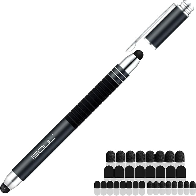 iSOUL Capacitive Stylus Pen 2-in-1 Styli Touch Screen Pen with 20Pcs Replacement Microfiber Tips, Rubber Tips for iPads, iPhones, Samsung Galaxy Note/Tab, LG, OnePlus, Huawei, Tablet Stylus