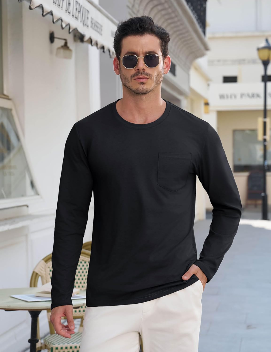 EKLENTSON Men's Cotton T-Shirts Long Sleeve Pocket Tee Crewneck Moisture Wicking Casual Tshirts Solid Color - Image 2