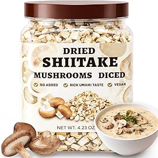 4.23 oz Dried Shiitake Mushrooms Diced, Dried Ramen Toppings, Natural Dehydrated Mushrooms Umami Seasoning for Soup, Risotto, Pasta & Vegan-Friendly Cooking, Rehydrate Quickly, Resealable Jar