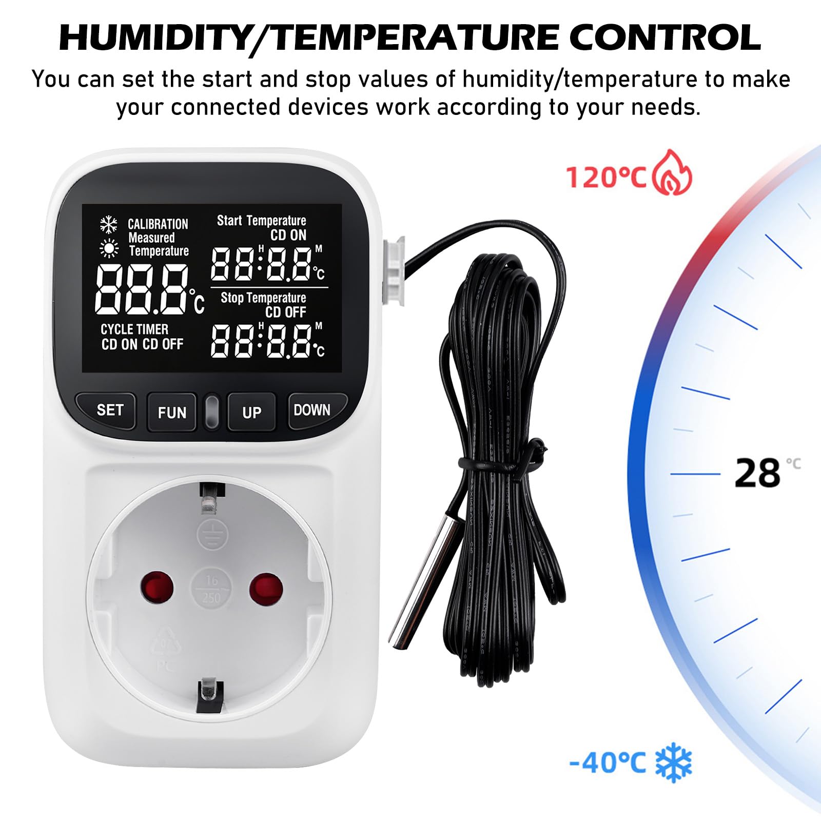 Temperaturregler, Digitaler Thermostat Steckdose, mit VA Bildschirm, Zeitschaltuhr Steckdose, Thermostate, Timer Steckdose, für Gewächshaus, Reptilien, Aquarium, Terrarium, Kühlschrank Fermentation