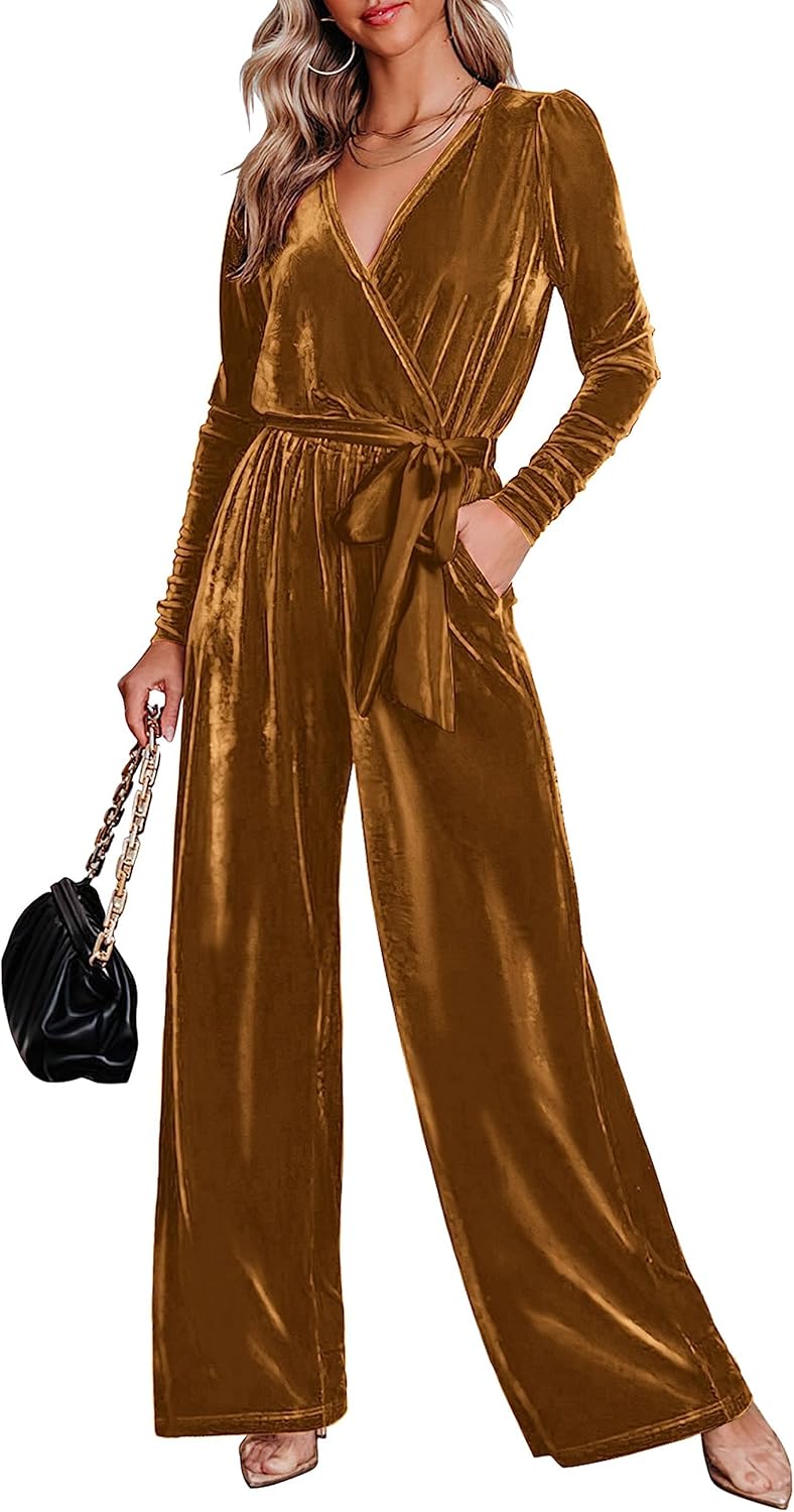 MASCOMODA 2024 Velvet Long Sleeve Wide Leg Jumpsuits for Women Dressy V Neck Belted Romper One Piece Fall Outfits with Pocket