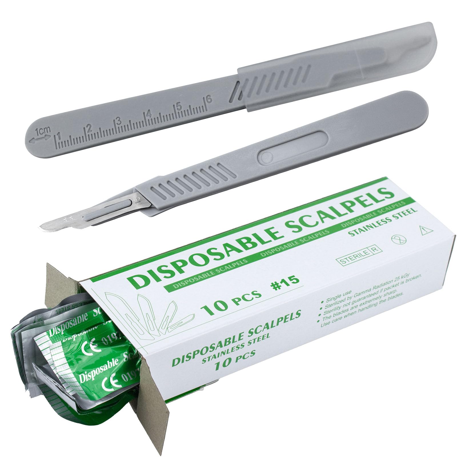 40PCs Dental Grade #15 Surgical Sterile Stainless Steel Blades with Disposable Scalpels by Omnia ONE | Plastic Handle | Individually Wrapped High Stainless Steel Dermablade Surgical Blade