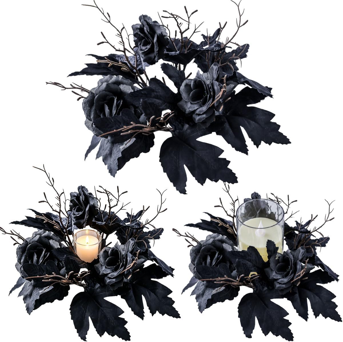 Black Rose Candle Ring Wreath Gothic Artificial Floral