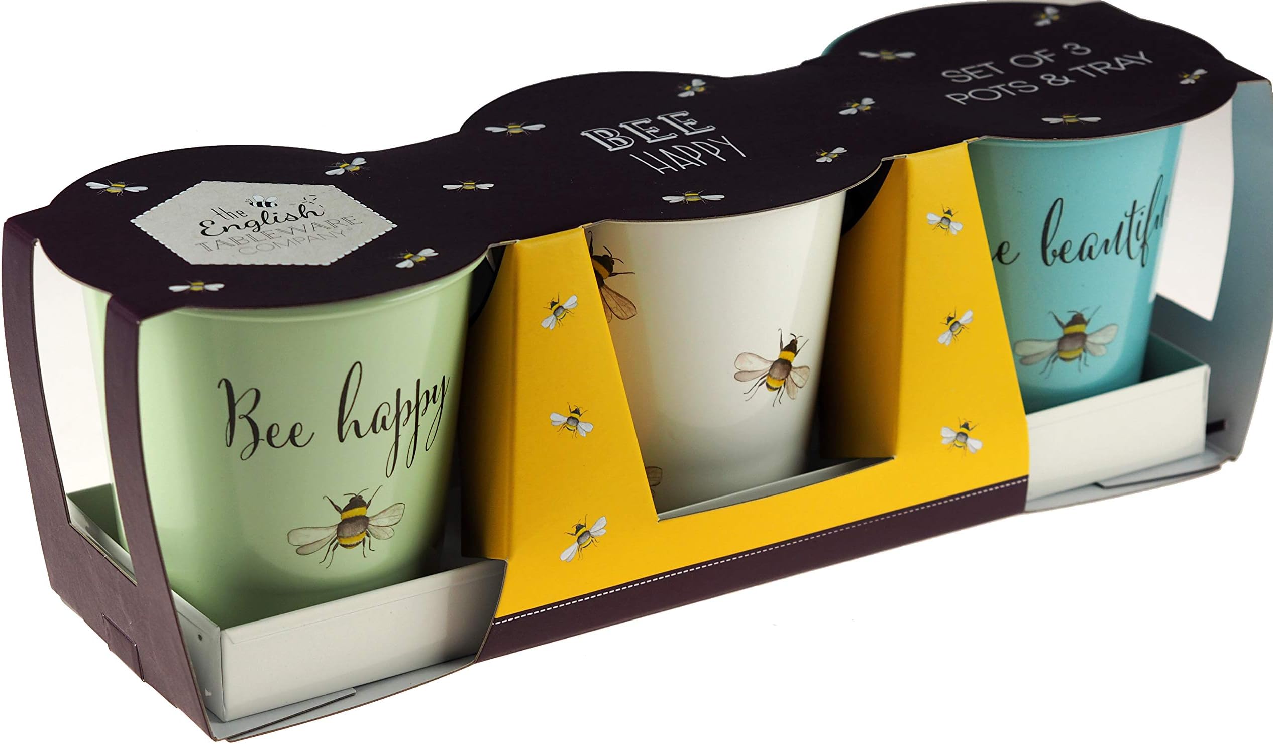 Set of 3 English Tableware Bee Happy Enamel Plant Herb Flower Planter Pots with Tray