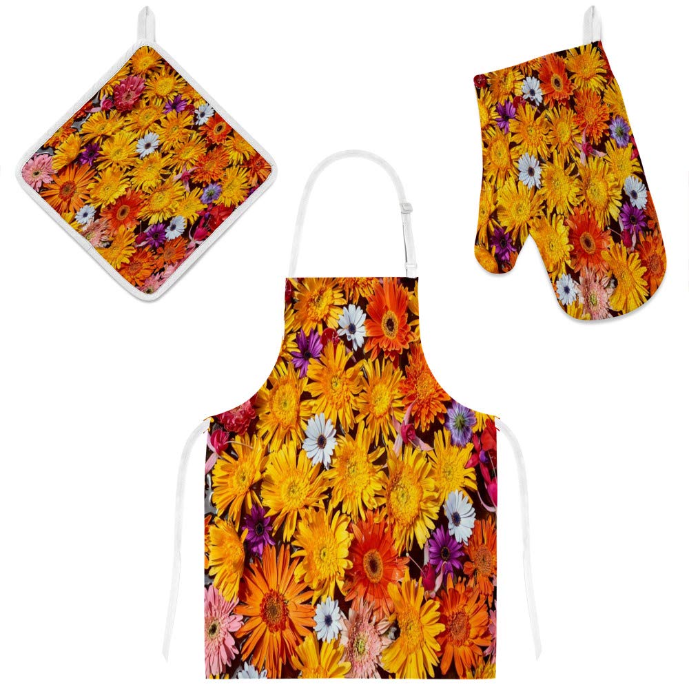 Tablier de cuisine 3 pièces maniques chrysanthème brillant couleur 1