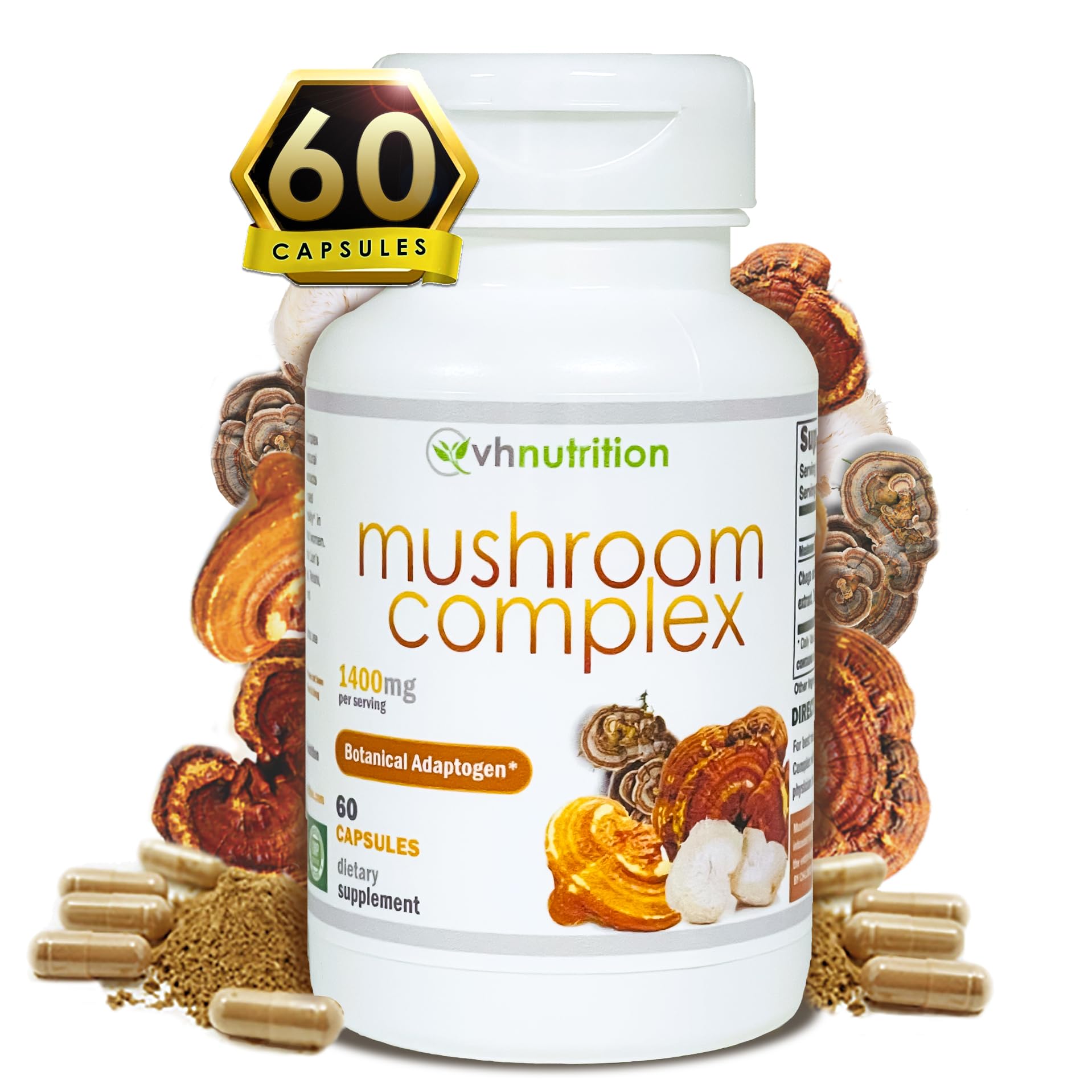 VH Nutrition Mushroom Supplement | Mushroom Complex for Vitality Support* 1400mg | Adaptagen Formula Includes: Lions Mane, Chaga, Reishi, Extracts | 60 Capsules