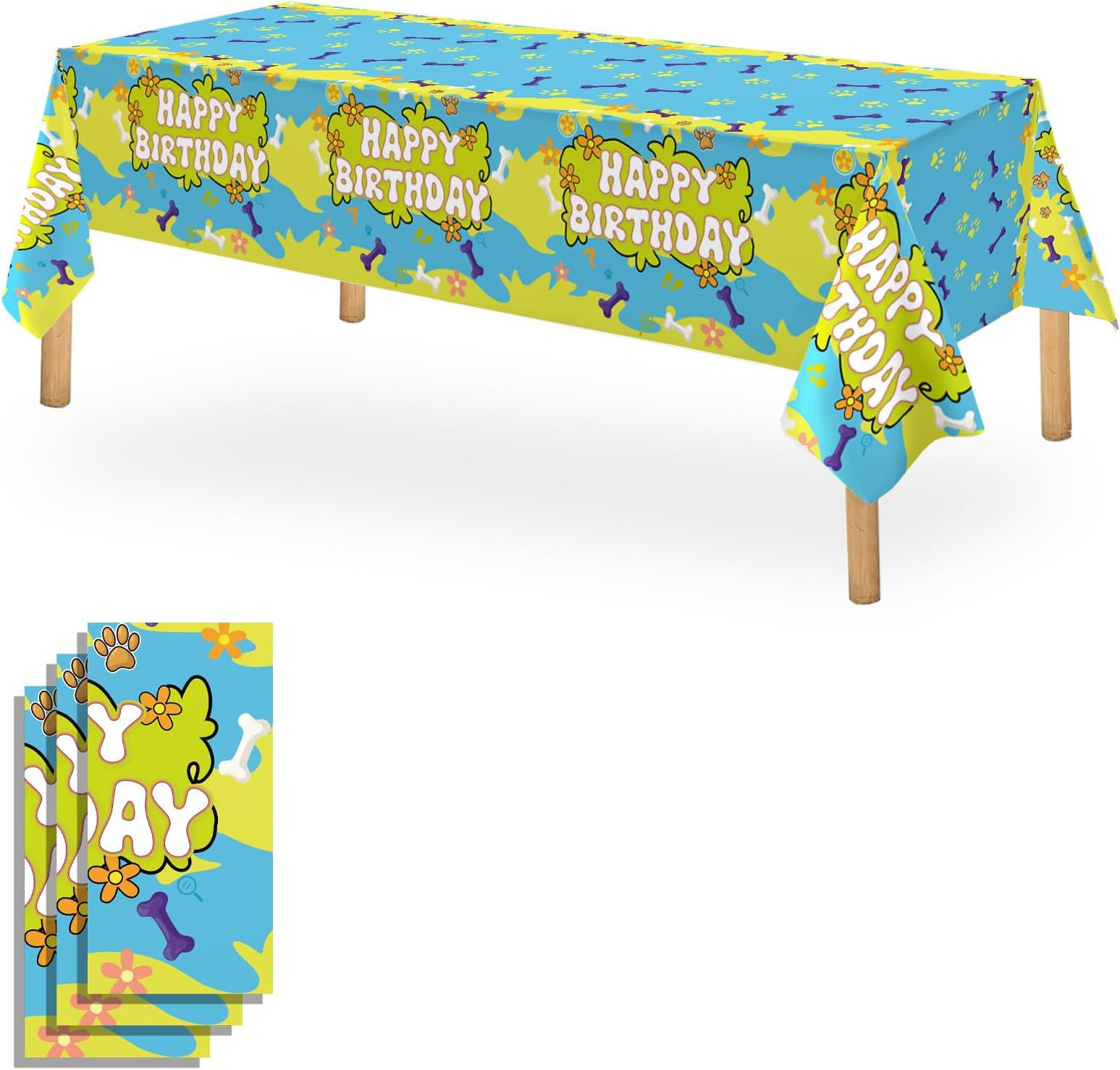 OQOQ Mysterious Dog Birthday Party Tablecloth (3 Packs), 108x54 Inches Groovy Hippie Daisy Birthday Party Suuplies Disposable Paw Table Cover for Picnic Buffet Centerpieces Table Decorations