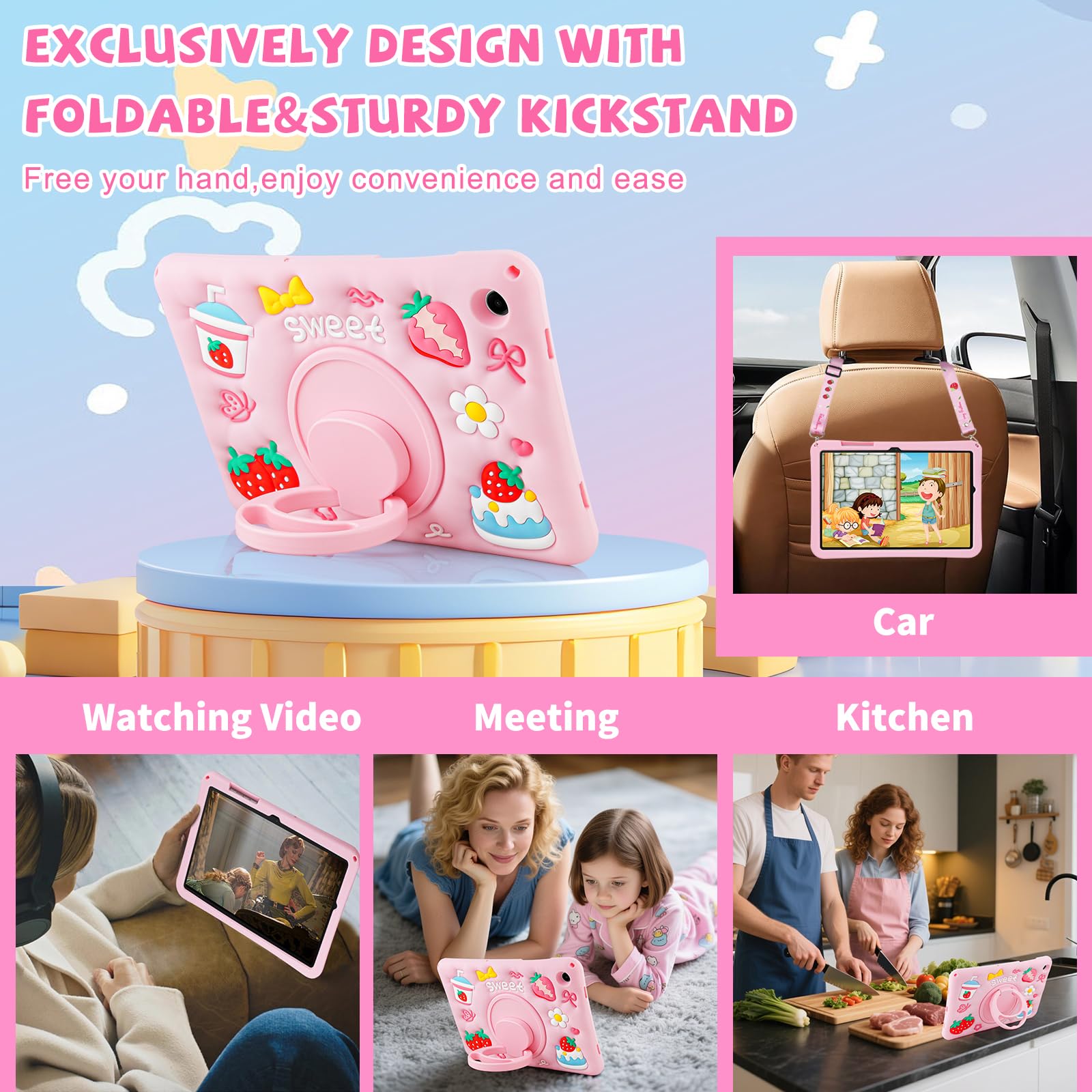 Coque pour Samsung Galaxy Tab A11+ Plus 2025/A9+ Plus 11 Pouces 2025/2023 pour Enfants Filles Protection Antichoc pour Samsung A11+ avec Sangle Ajustable/Support Rotatif à 360°-Rose