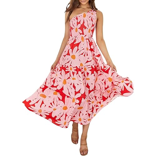 ZESICA Women's 2024 Bohemian Summer Floral Print One Shoulder Sleeveless Smocked Ruffle Tiered Beach Long Midi Dress