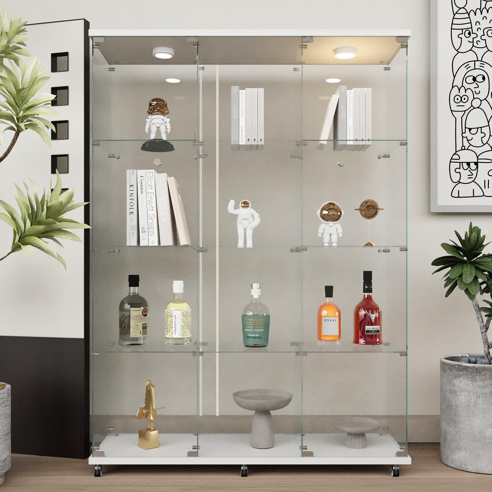 Beauty4U Glass Display Cabinet with LED Lights, Extra Large 3 Columns 2 Doors Curio Cabinets with 12 Shelves for Living Room, Bedroom, Office, White Floor Standing DIY Glass Bookshelf