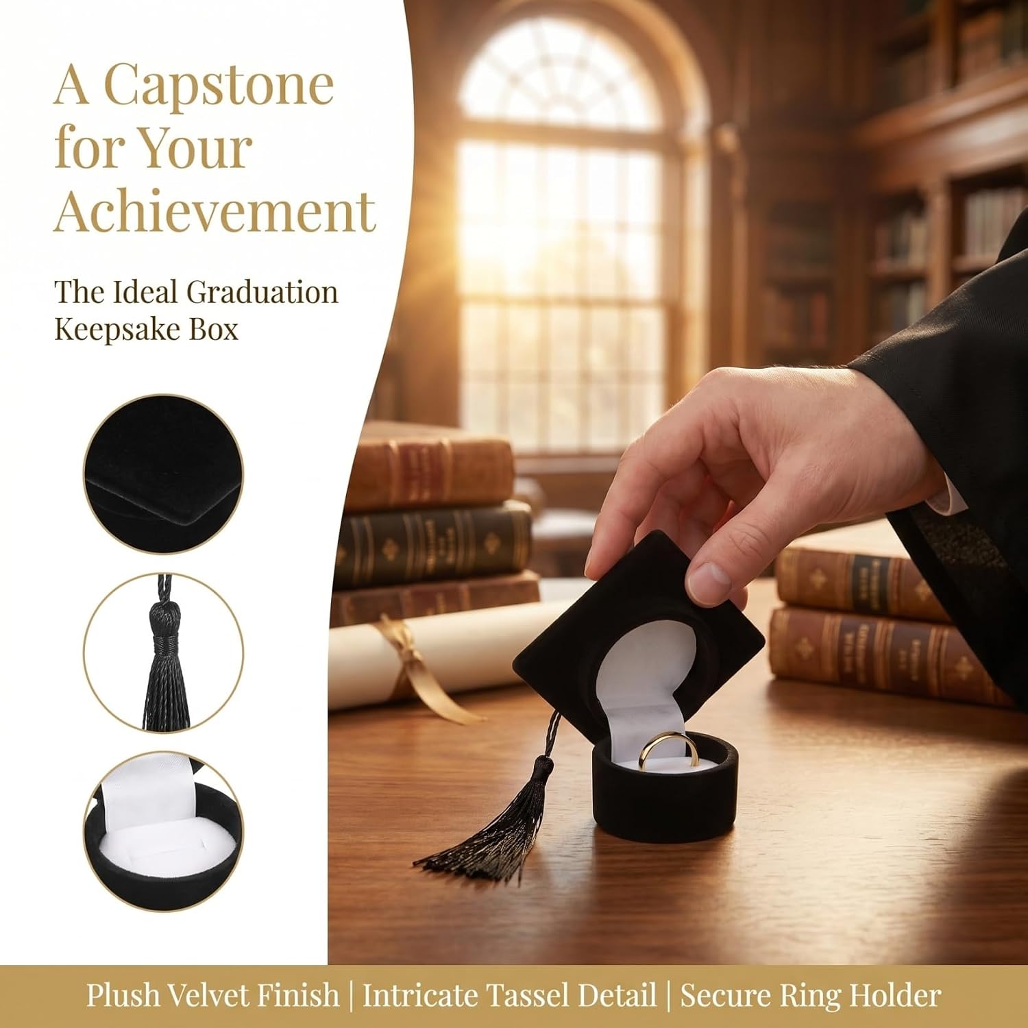 Luxshiny Graduation Cap Jewelry Box Creative Doctor Hat Ring Case Organizer Black Storage for Wedding Graduation Ceremony and Party image 3