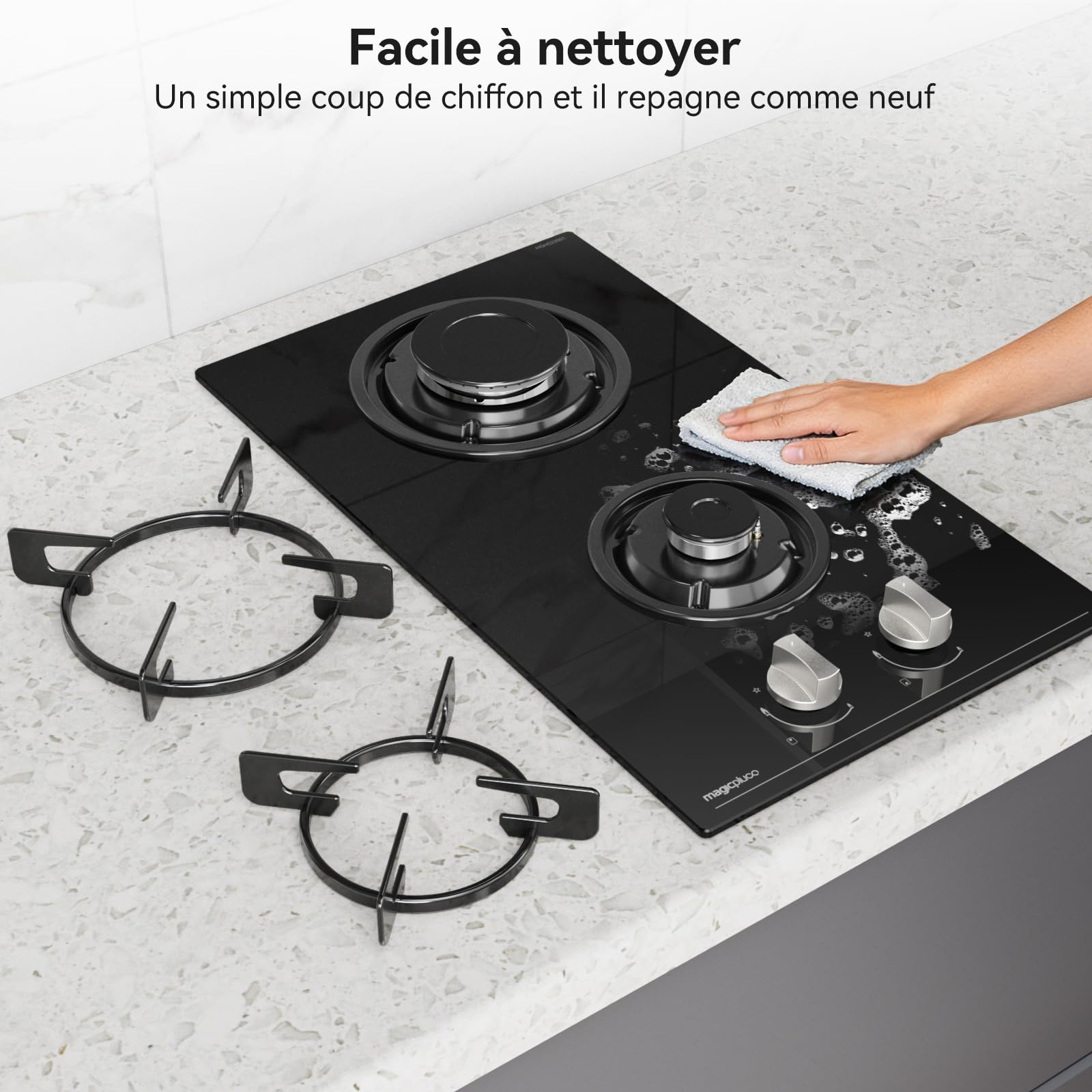 Magicplux Plaque de Gaz 2 Feux Encastrable 30cm, Table de Cuisson Gaz 4300W, Verre Noir